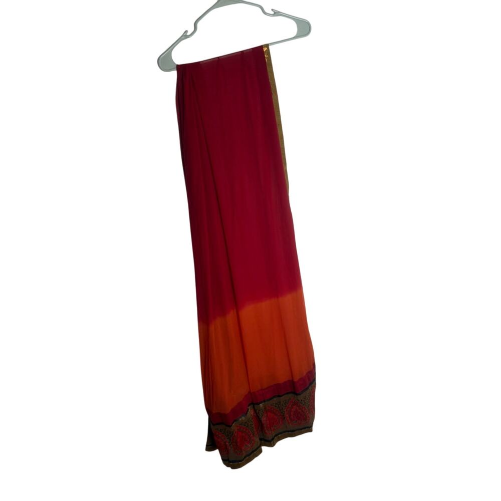Handmade Orange Pink Silk Dupatta Scarf Woman South Asian Paisley Trim Wrap Shaw